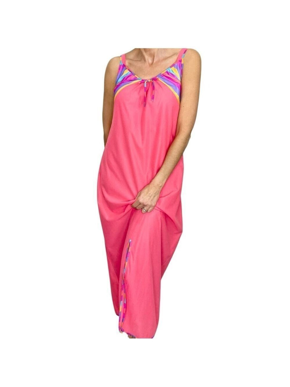 Vintage 70s 80s watermelon pink rainbow front slit maxi nightgown slip dress